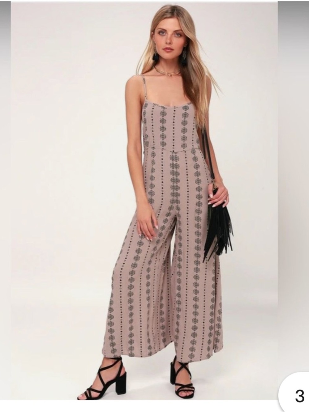 O'Neill Taupe Printed Wide-Leg Spaghetti-Strap Jumpsuit